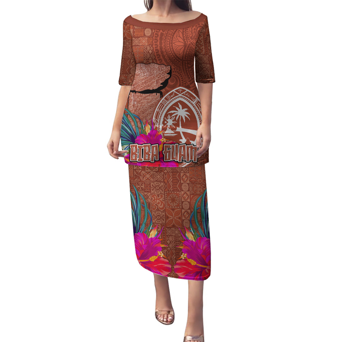 Chamorro Biba Guam Family Matching Puletasi and Hawaiian Shirt Latte Stone Tribal and Hibiscus Flower Tapa Pattern LT03 Mom's Dress Brown - Polynesian Pride