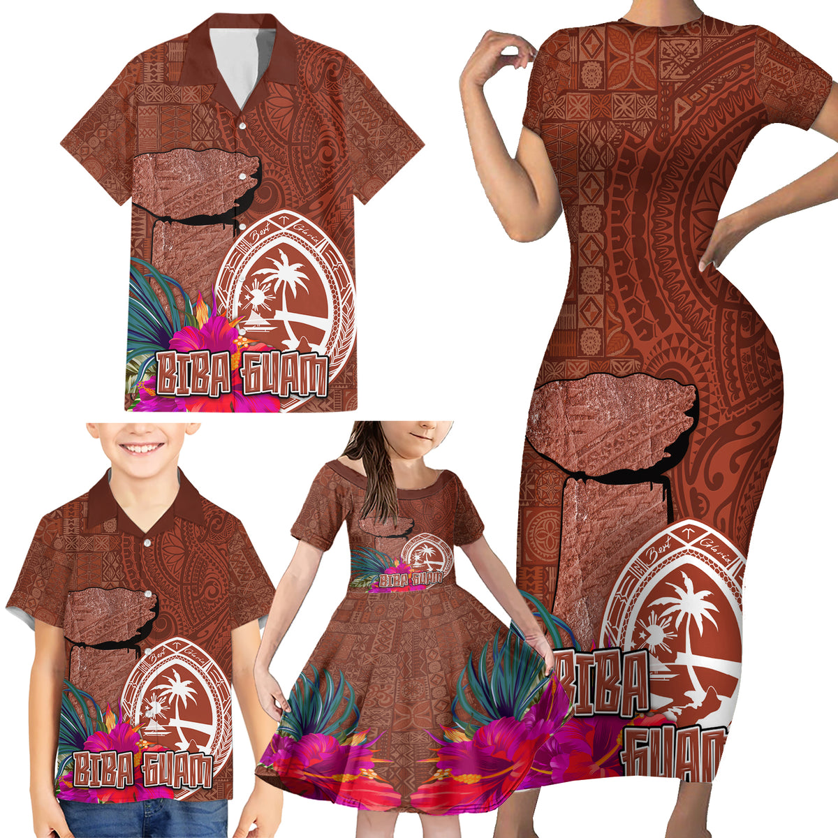 Chamorro Biba Guam Family Matching Short Sleeve Bodycon Dress and Hawaiian Shirt Latte Stone Tribal and Hibiscus Flower Tapa Pattern LT03 - Polynesian Pride