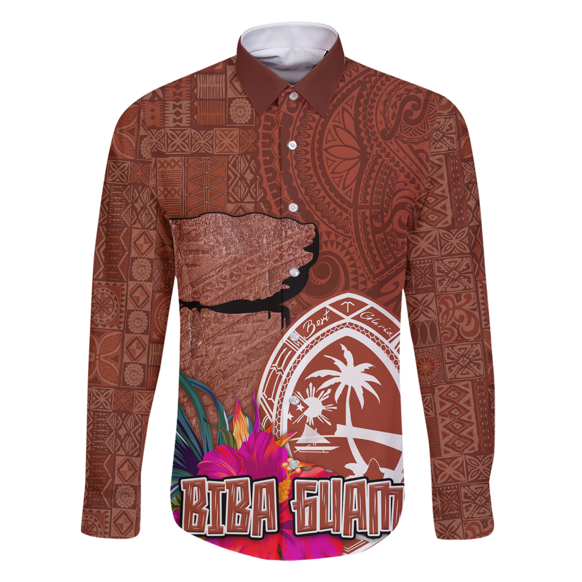 Chamorro Biba Guam Family Matching Short Sleeve Bodycon Dress and Hawaiian Shirt Latte Stone Tribal and Hibiscus Flower Tapa Pattern LT03 Dad's Shirt - Long Sleeve Brown - Polynesian Pride
