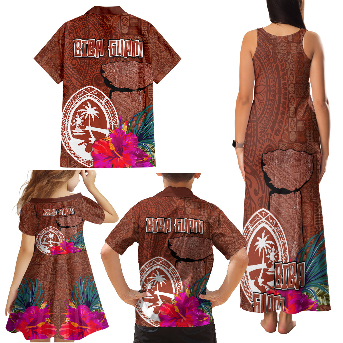 Chamorro Biba Guam Family Matching Tank Maxi Dress and Hawaiian Shirt Latte Stone Tribal and Hibiscus Flower Tapa Pattern