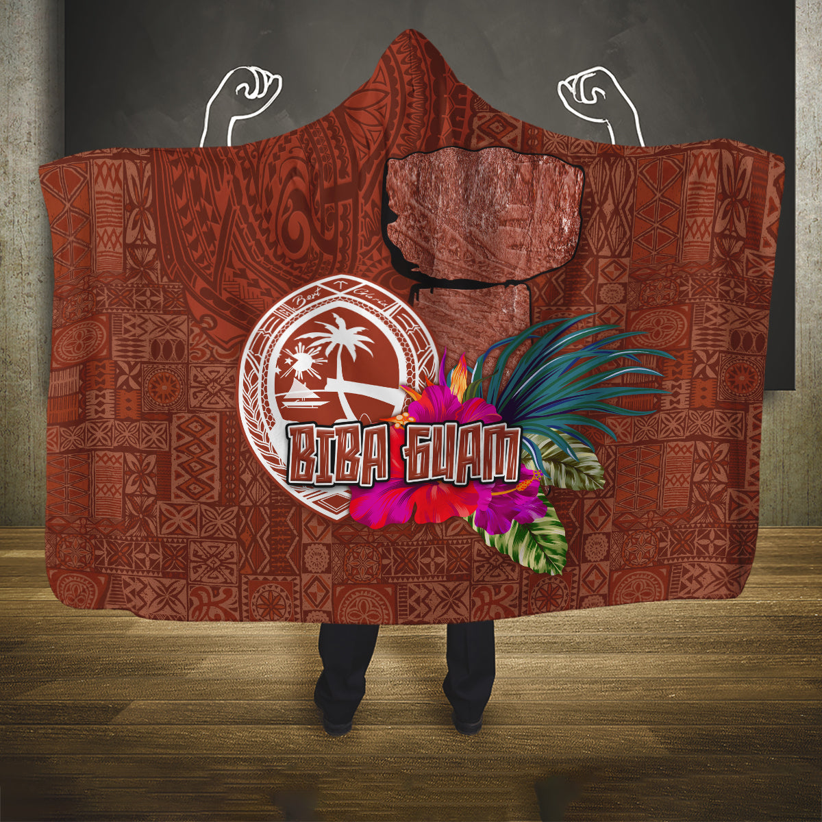 Chamorro Biba Guam Hooded Blanket Latte Stone Tribal and Hibiscus Flower Tapa Pattern