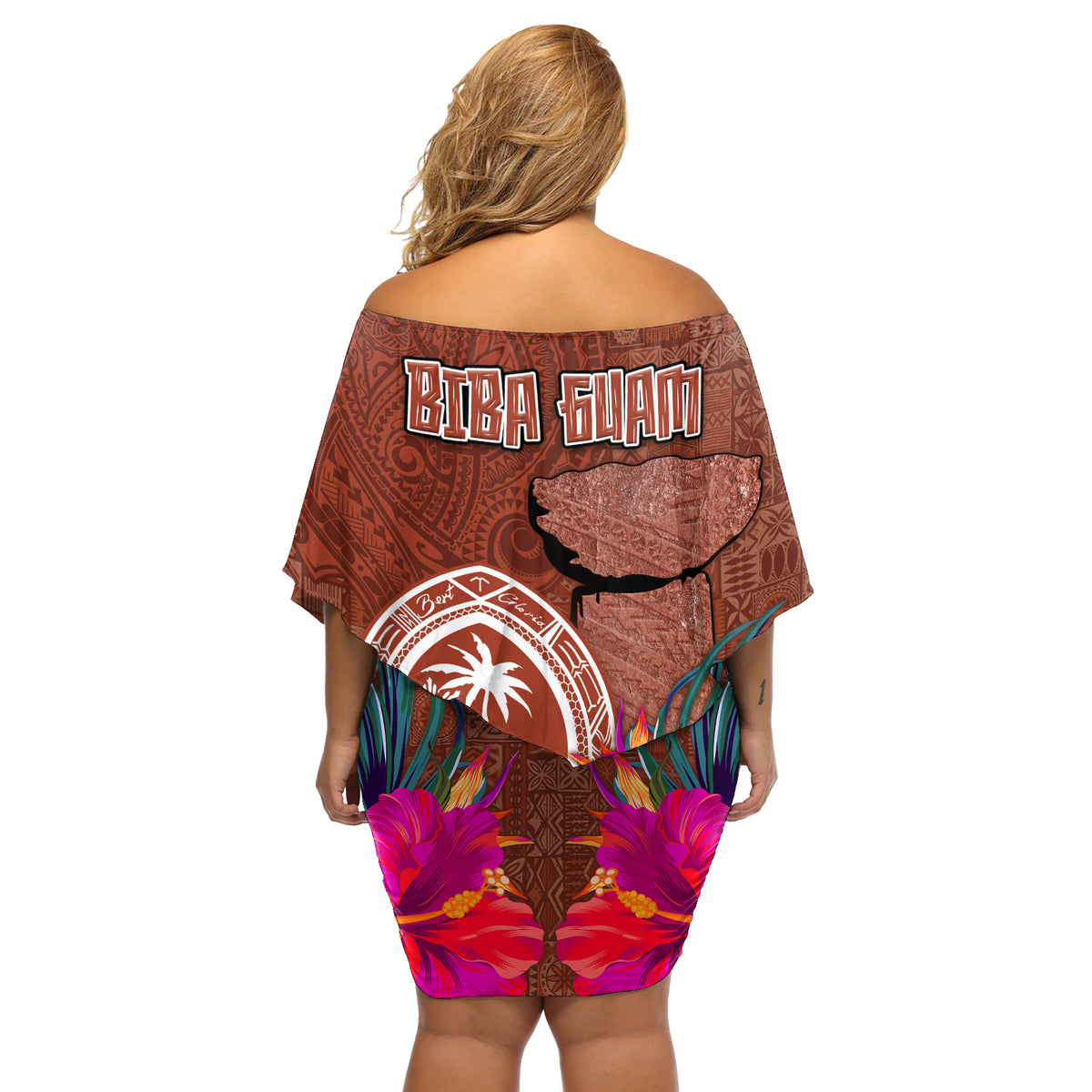 Chamorro Biba Guam Off Shoulder Short Dress Latte Stone Tribal and Hibiscus Flower Tapa Pattern