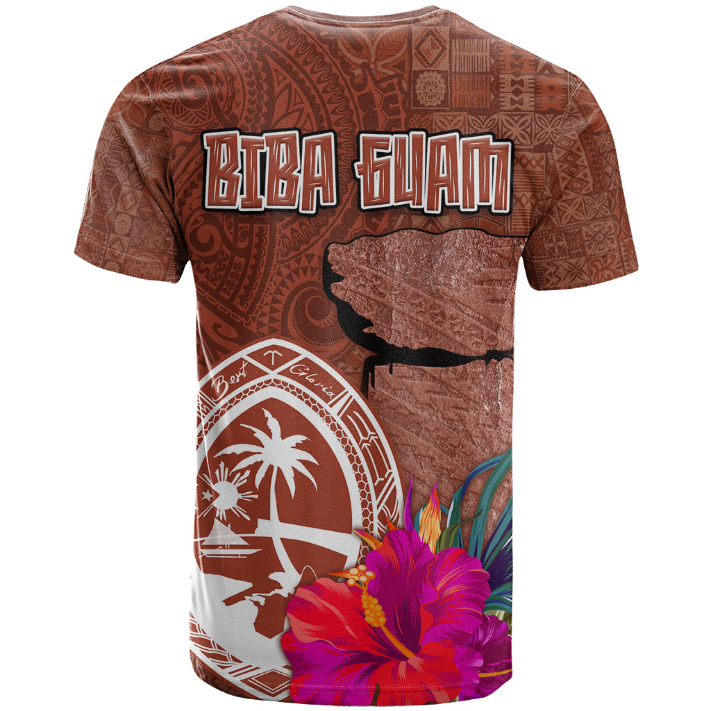Chamorro Biba Guam T Shirt Latte Stone Tribal and Hibiscus Flower Tapa Pattern