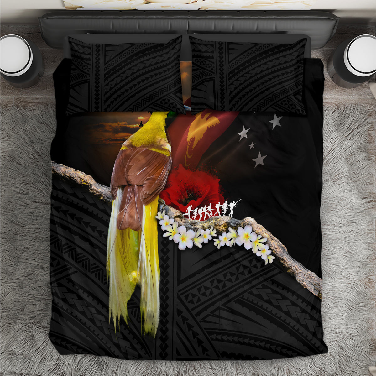 Papua New Guinea Remembrance Day Bedding Set Bird of Paradise Plumeria Flower and Polynesian Pattern