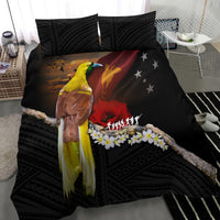 Papua New Guinea Remembrance Day Bedding Set Bird of Paradise Plumeria Flower and Polynesian Pattern