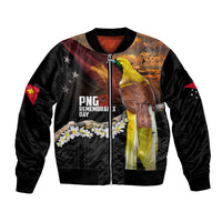 Papua New Guinea Remembrance Day Bomber Jacket Bird of Paradise Plumeria Flower and Polynesian Pattern