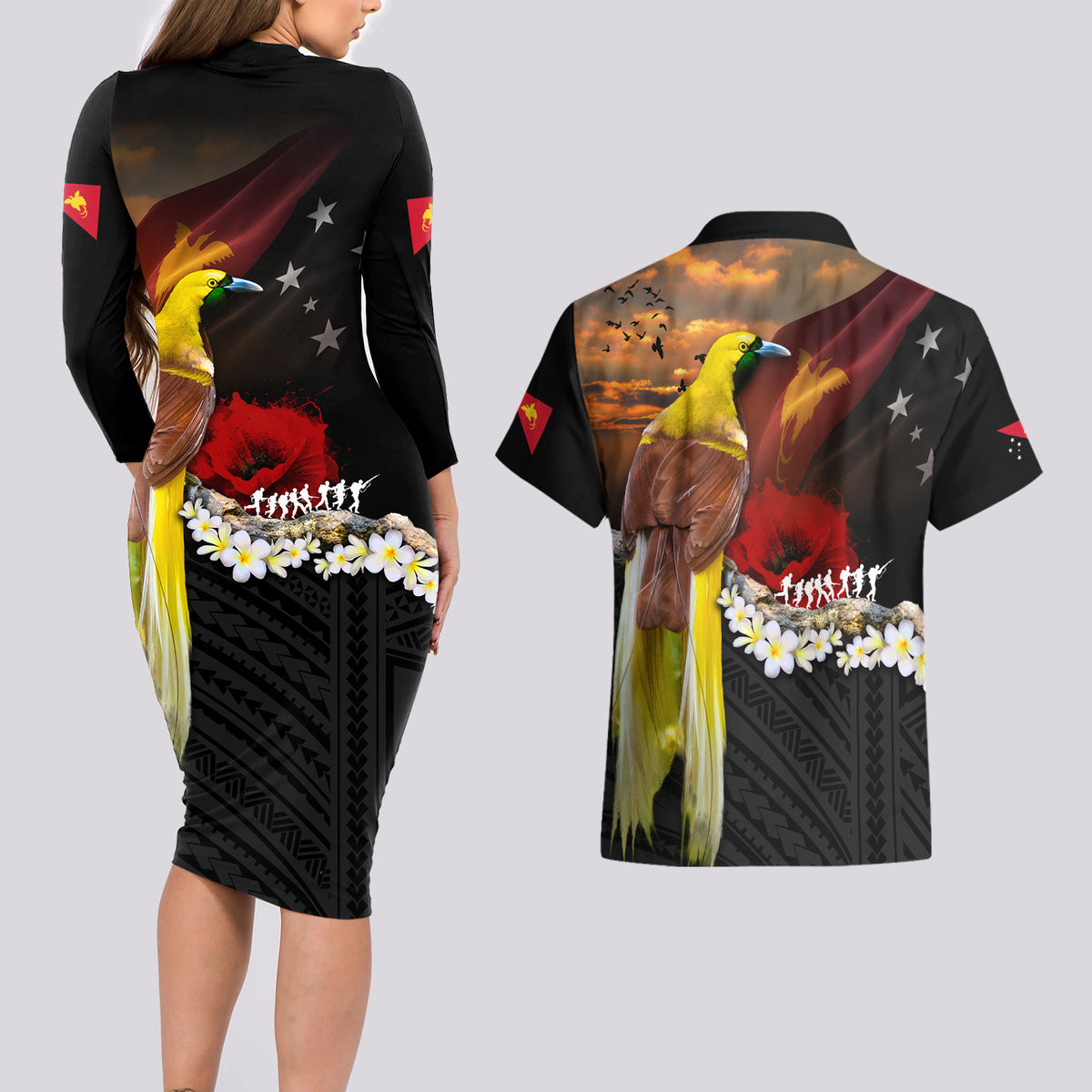 Papua New Guinea Remembrance Day Couples Matching Long Sleeve Bodycon Dress and Hawaiian Shirt Bird of Paradise Plumeria Flower and Polynesian Pattern LT03 - Polynesian Pride