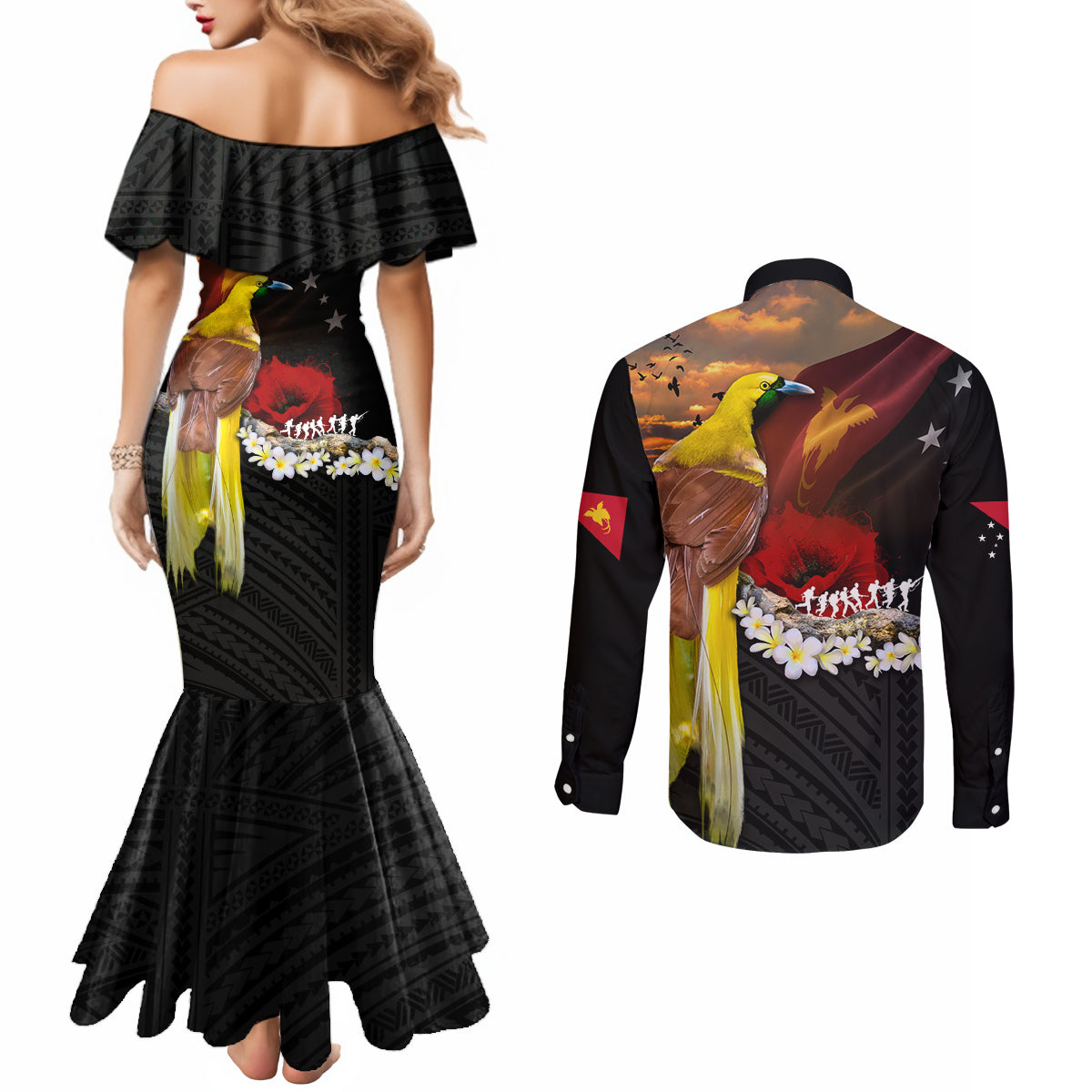 Papua New Guinea Remembrance Day Couples Matching Mermaid Dress and Long Sleeve Button Shirt Bird of Paradise Plumeria Flower and Polynesian Pattern
