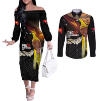 Papua New Guinea Remembrance Day Couples Matching Off The Shoulder Long Sleeve Dress and Long Sleeve Button Shirt Bird of Paradise Plumeria Flower and Polynesian Pattern