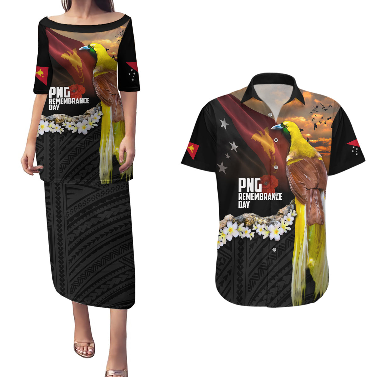 Papua New Guinea Remembrance Day Couples Matching Puletasi and Hawaiian Shirt Bird of Paradise Plumeria Flower and Polynesian Pattern