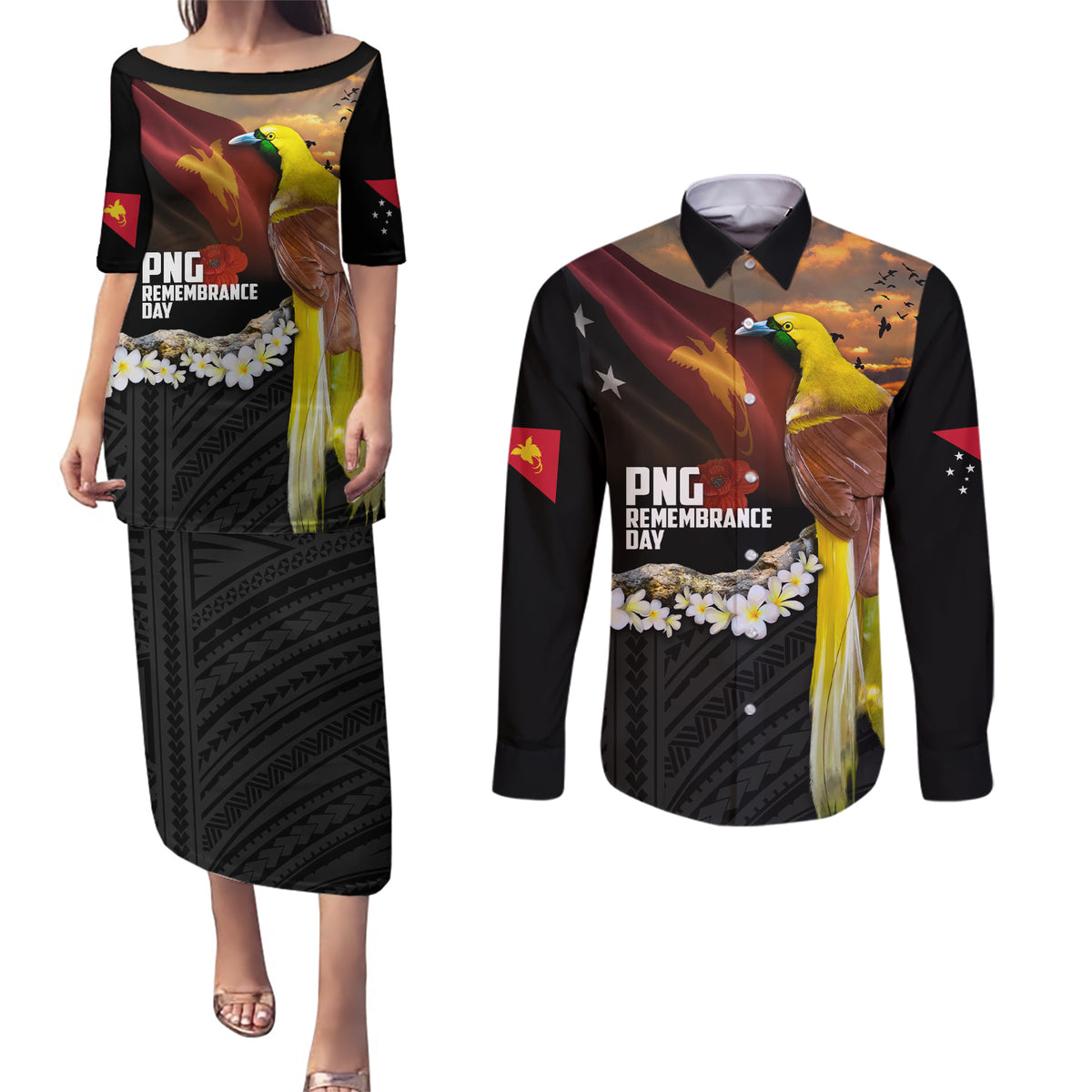 Papua New Guinea Remembrance Day Couples Matching Puletasi and Long Sleeve Button Shirt Bird of Paradise Plumeria Flower and Polynesian Pattern