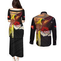 Papua New Guinea Remembrance Day Couples Matching Puletasi and Long Sleeve Button Shirt Bird of Paradise Plumeria Flower and Polynesian Pattern