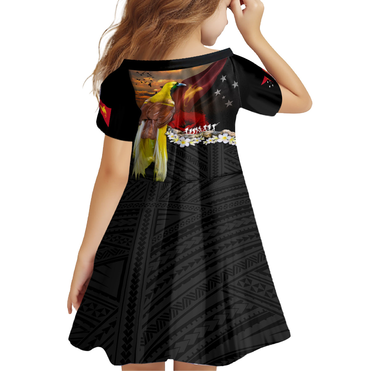 Papua New Guinea Remembrance Day Family Matching Off Shoulder Short Dress and Hawaiian Shirt Bird of Paradise Plumeria Flower and Polynesian Pattern