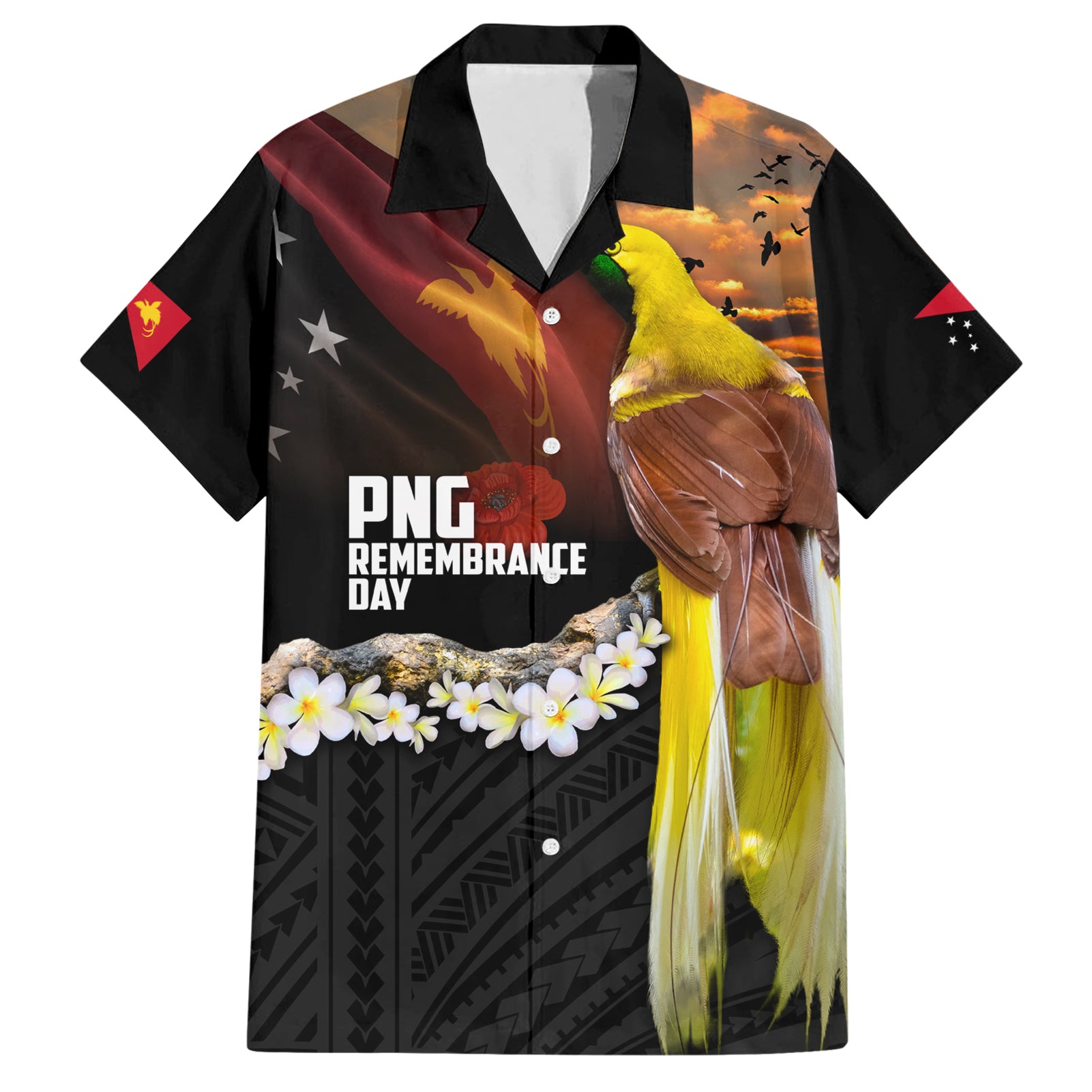 Papua New Guinea Remembrance Day Hawaiian Shirt Bird of Paradise Plumeria Flower and Polynesian Pattern