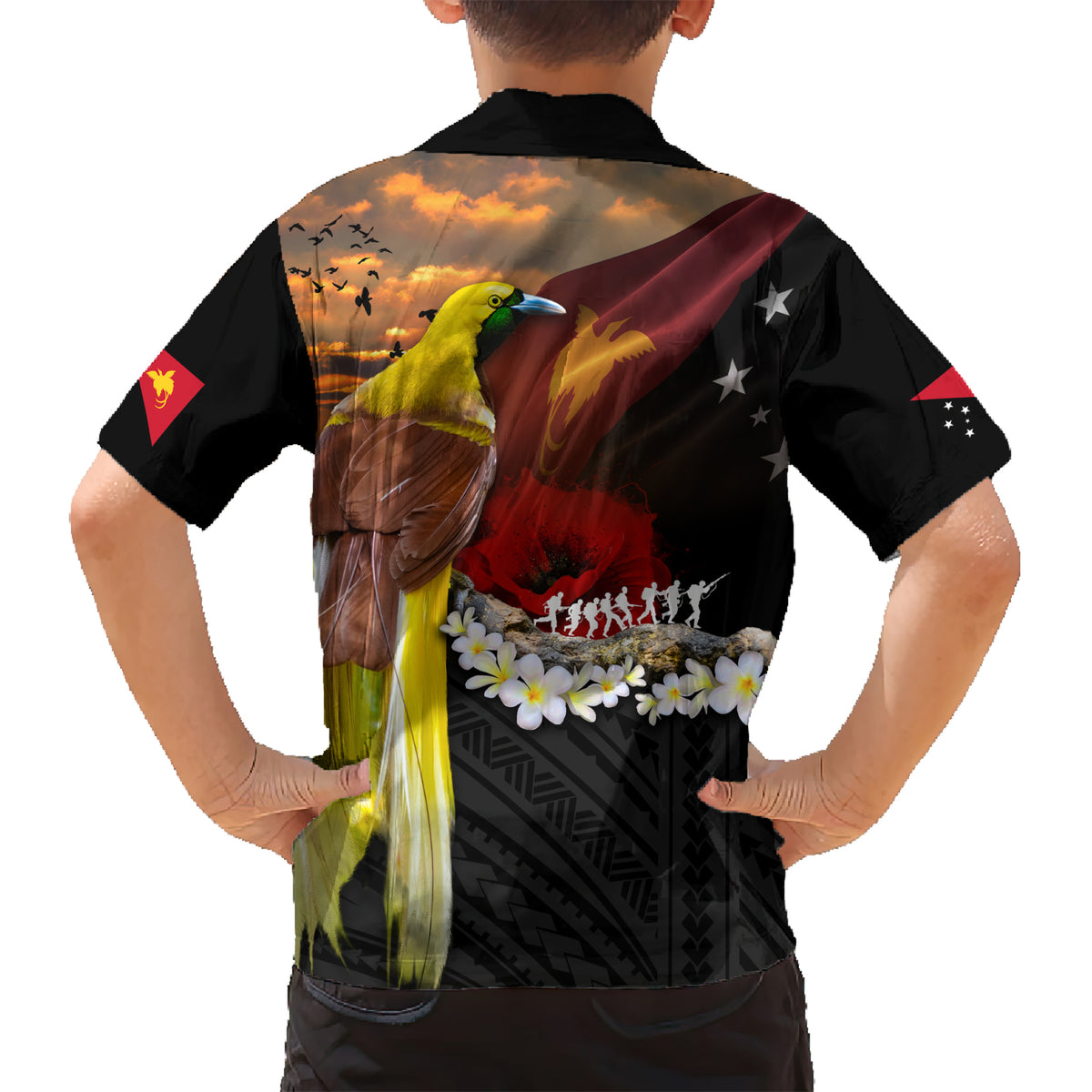 Papua New Guinea Remembrance Day Kid Hawaiian Shirt Bird of Paradise Plumeria Flower and Polynesian Pattern