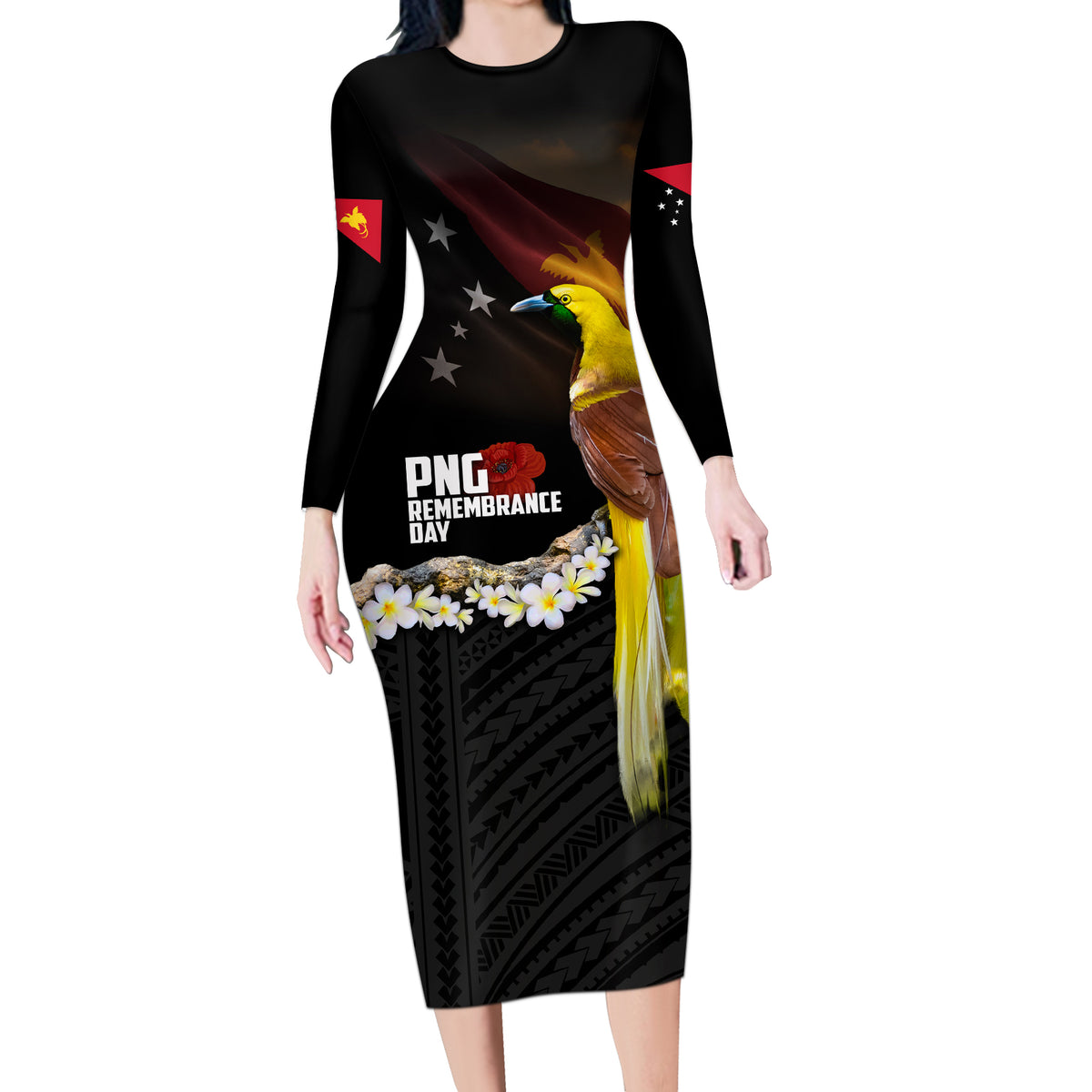 Papua New Guinea Remembrance Day Long Sleeve Bodycon Dress Bird of Paradise Plumeria Flower and Polynesian Pattern LT03 Long Dress Black - Polynesian Pride