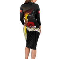 Papua New Guinea Remembrance Day Long Sleeve Bodycon Dress Bird of Paradise Plumeria Flower and Polynesian Pattern LT03 - Polynesian Pride