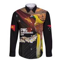 Papua New Guinea Remembrance Day Long Sleeve Button Shirt Bird of Paradise Plumeria Flower and Polynesian Pattern