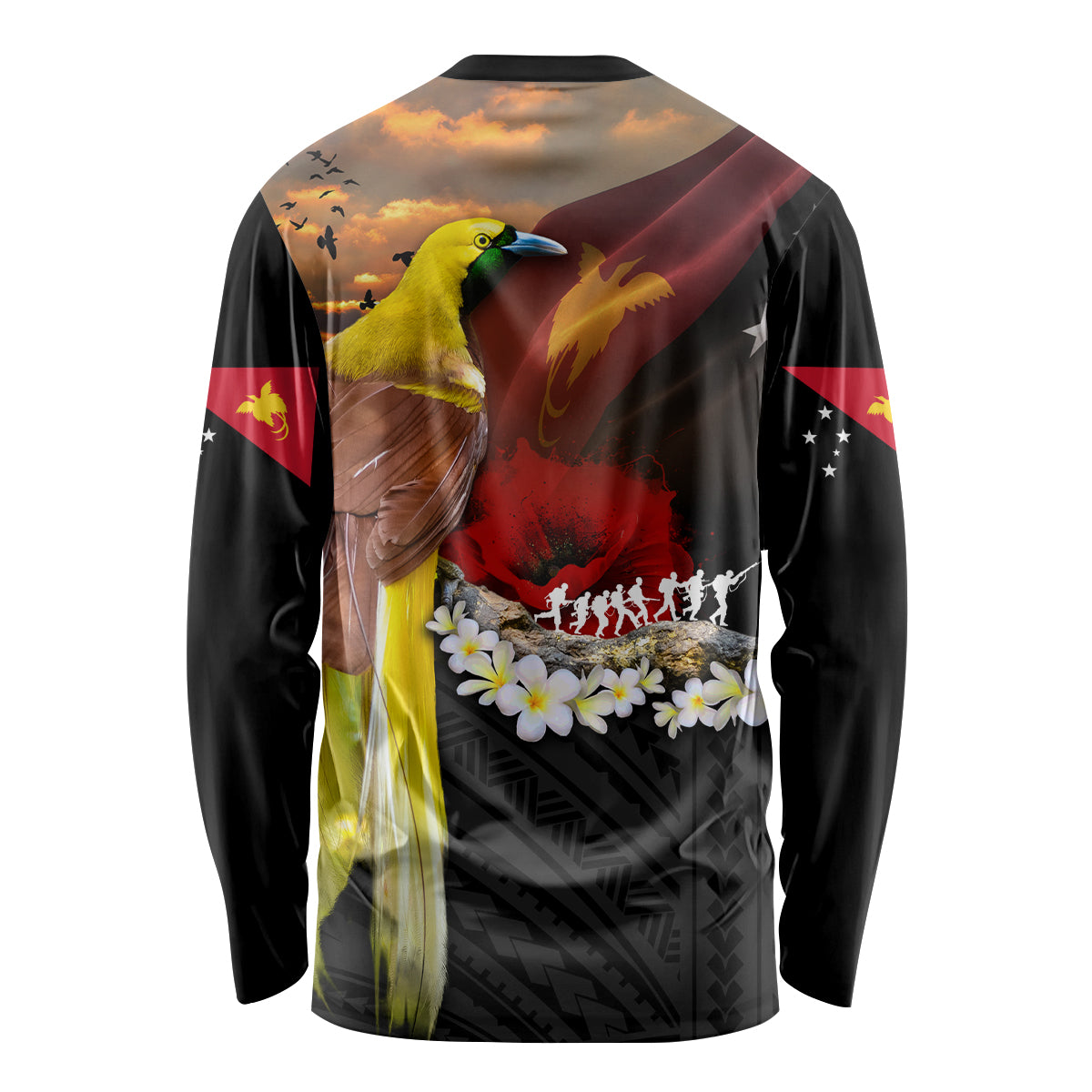 Papua New Guinea Remembrance Day Long Sleeve Shirt Bird of Paradise Plumeria Flower and Polynesian Pattern