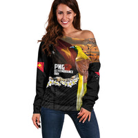 Papua New Guinea Remembrance Day Off Shoulder Sweater Bird of Paradise Plumeria Flower and Polynesian Pattern