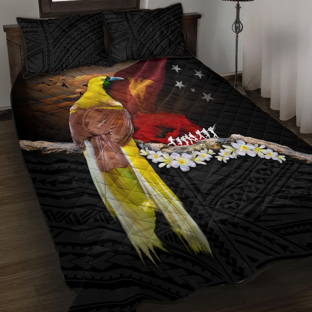 Papua New Guinea Remembrance Day Quilt Bed Set Bird of Paradise Plumeria Flower and Polynesian Pattern