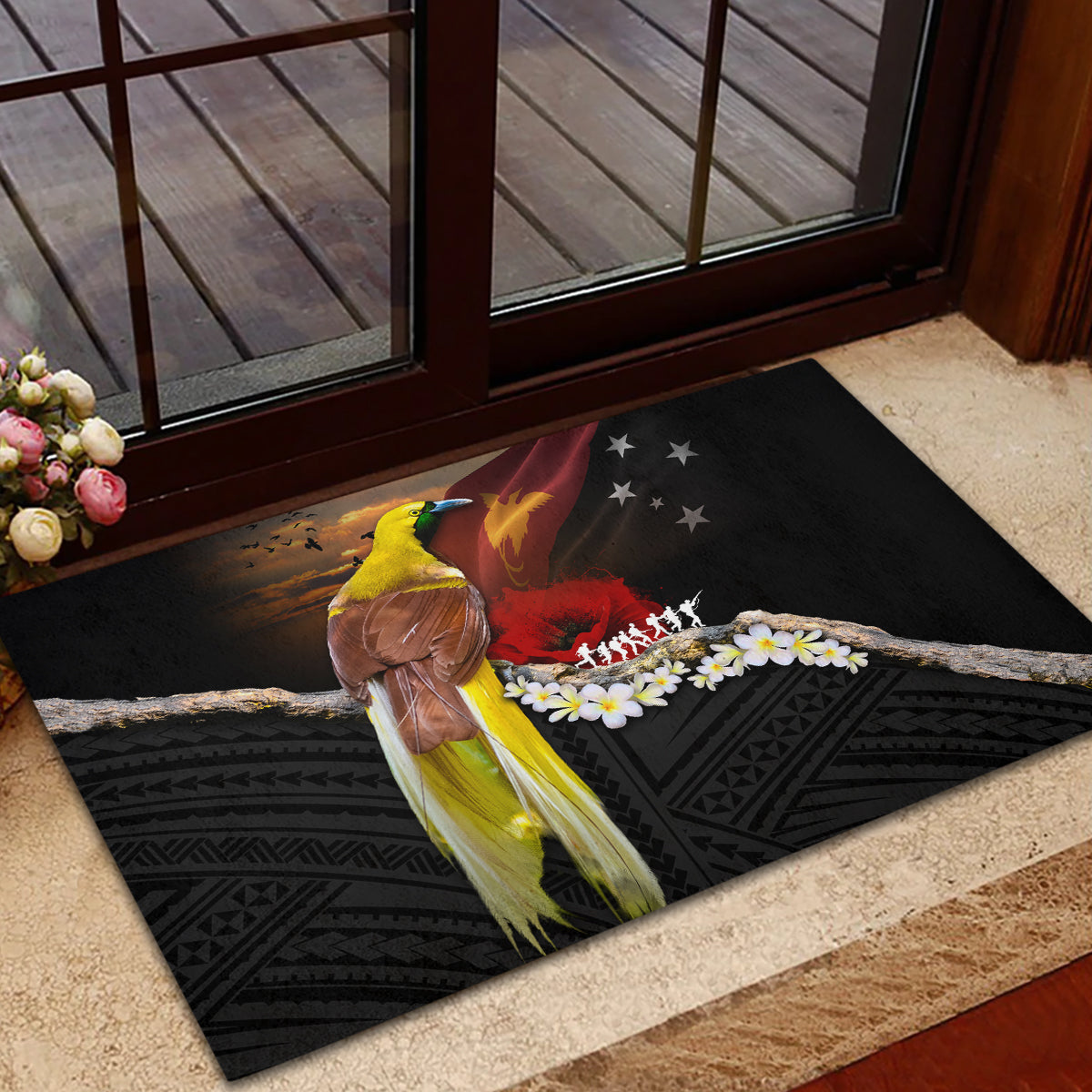 Papua New Guinea Remembrance Day Rubber Doormat Bird of Paradise Plumeria Flower and Polynesian Pattern