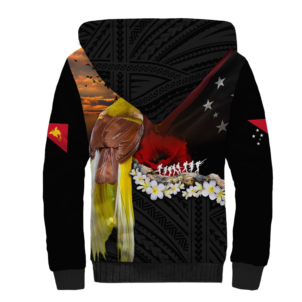 Papua New Guinea Remembrance Day Sherpa Hoodie Bird of Paradise Plumeria Flower and Polynesian Pattern LT03 - Polynesian Pride