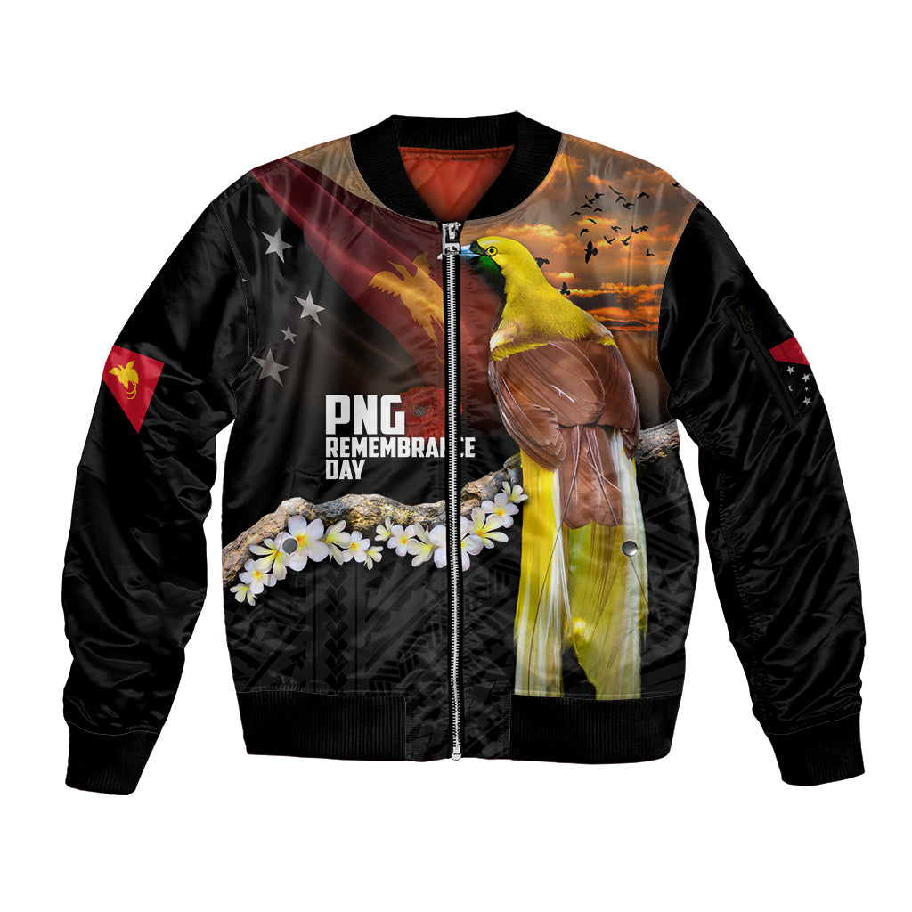 Papua New Guinea Remembrance Day Sleeve Zip Bomber Jacket Bird of Paradise Plumeria Flower and Polynesian Pattern