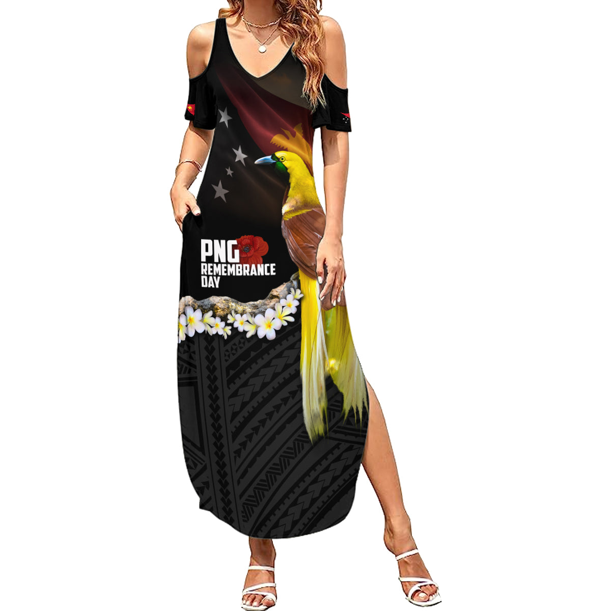 Papua New Guinea Remembrance Day Summer Maxi Dress Bird of Paradise Plumeria Flower and Polynesian Pattern