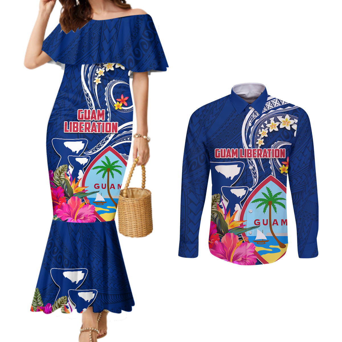 Guam Liberation Couples Matching Mermaid Dress and Long Sleeve Button Shirt Latte Stone and Guahan Seal Jungle Flower