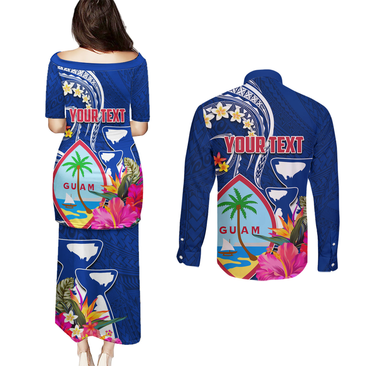 Guam Liberation Couples Matching Puletasi and Long Sleeve Button Shirt Latte Stone and Guahan Seal Jungle Flower