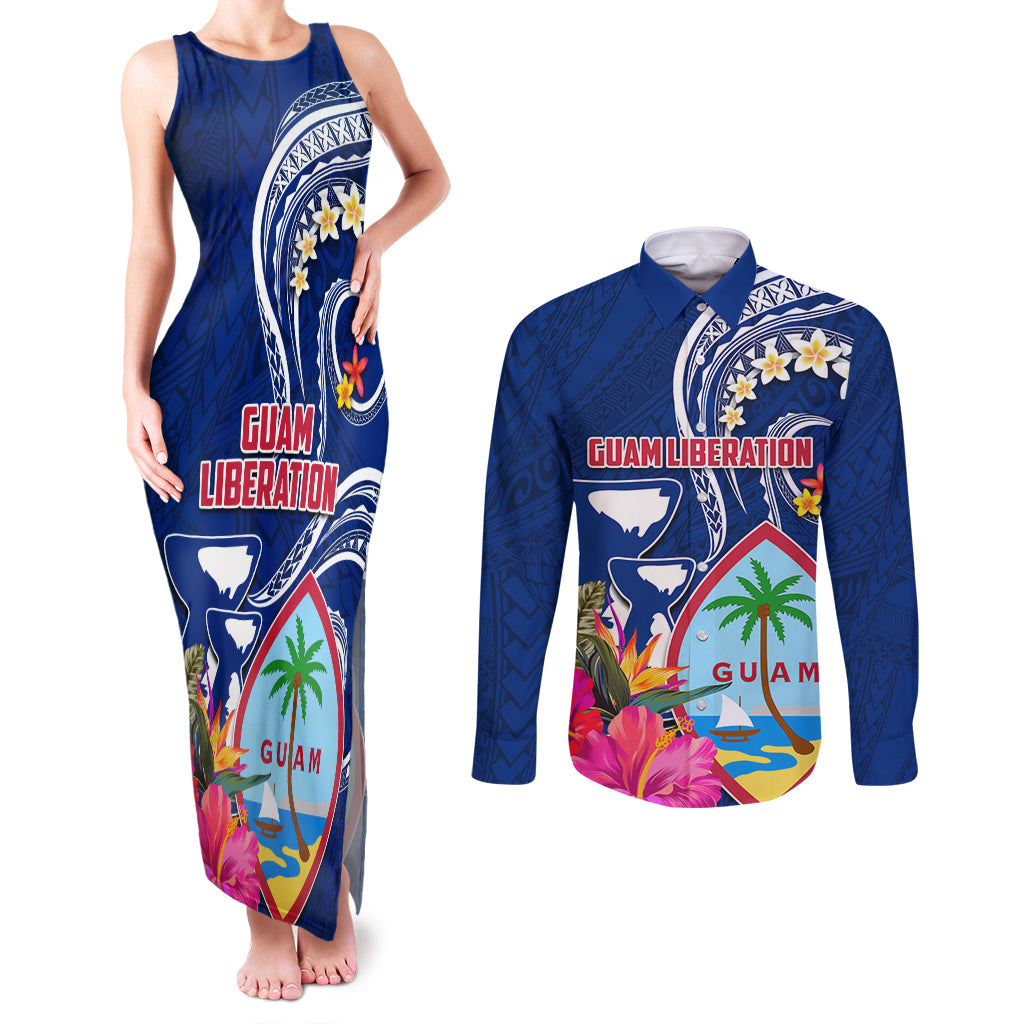 Guam Liberation Couples Matching Tank Maxi Dress and Long Sleeve Button Shirt Latte Stone and Guahan Seal Jungle Flower