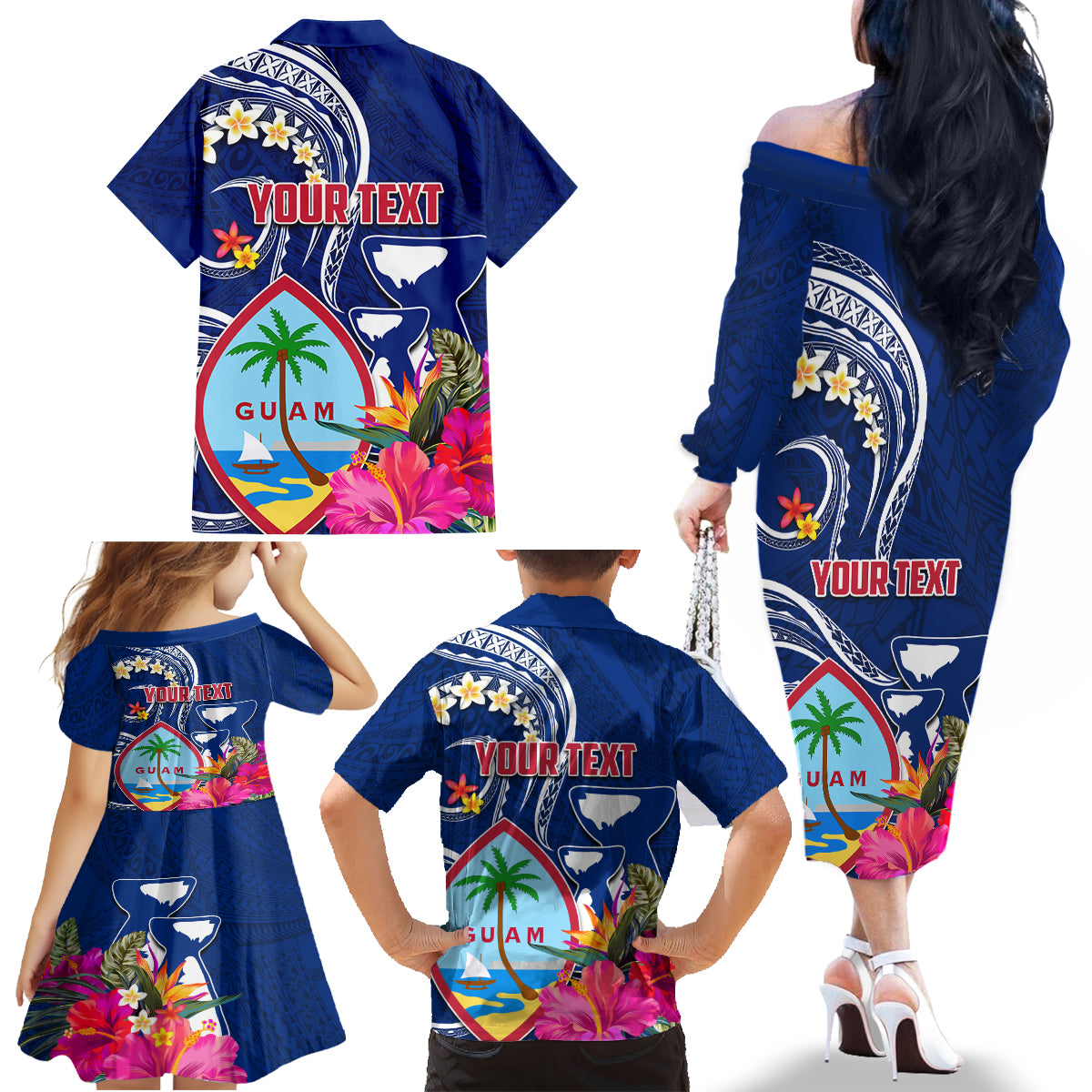 Guam Liberation Family Matching Off The Shoulder Long Sleeve Dress and Hawaiian Shirt Latte Stone and Guahan Seal Jungle Flower