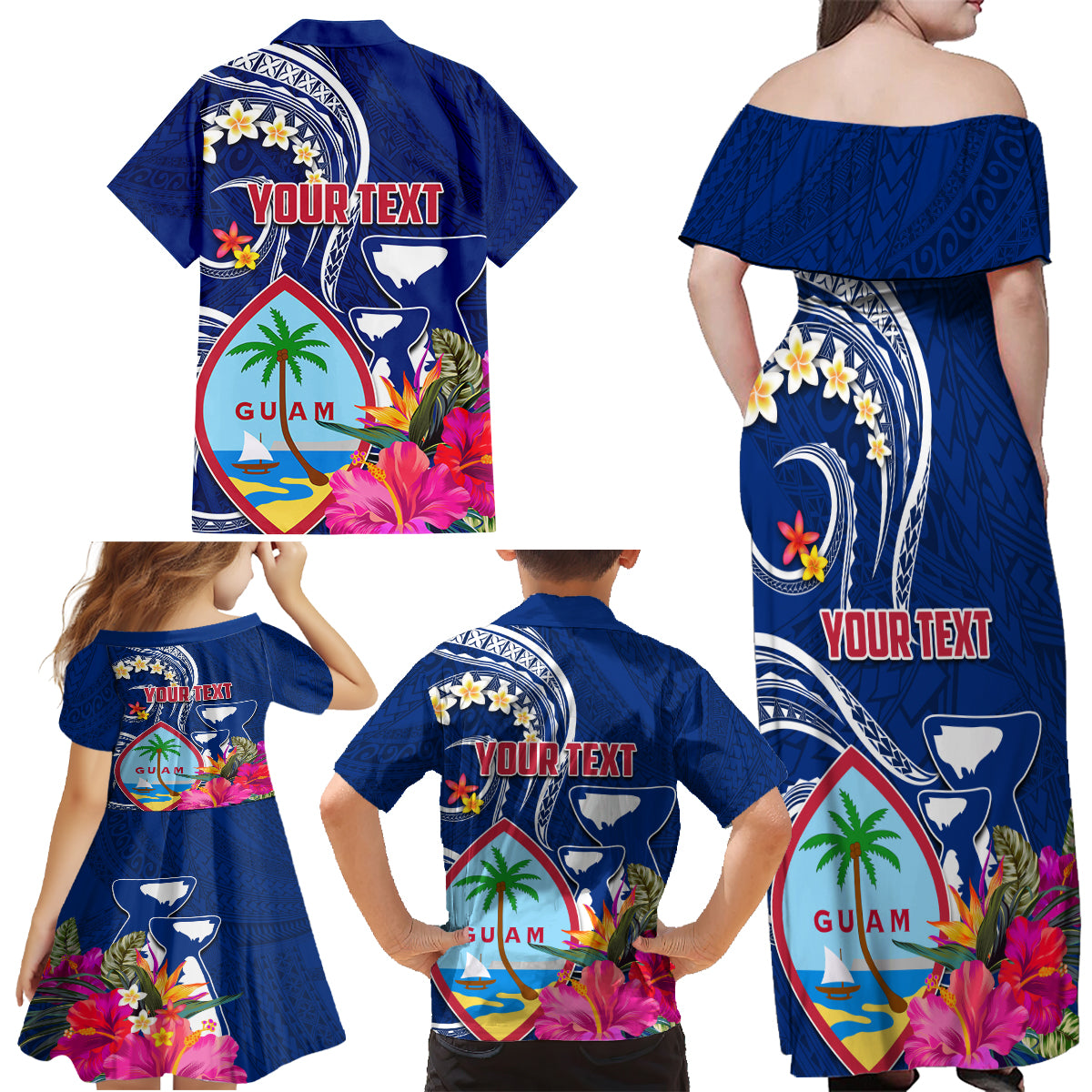 Guam Liberation Family Matching Off Shoulder Maxi Dress and Hawaiian Shirt Latte Stone and Guahan Seal Jungle Flower