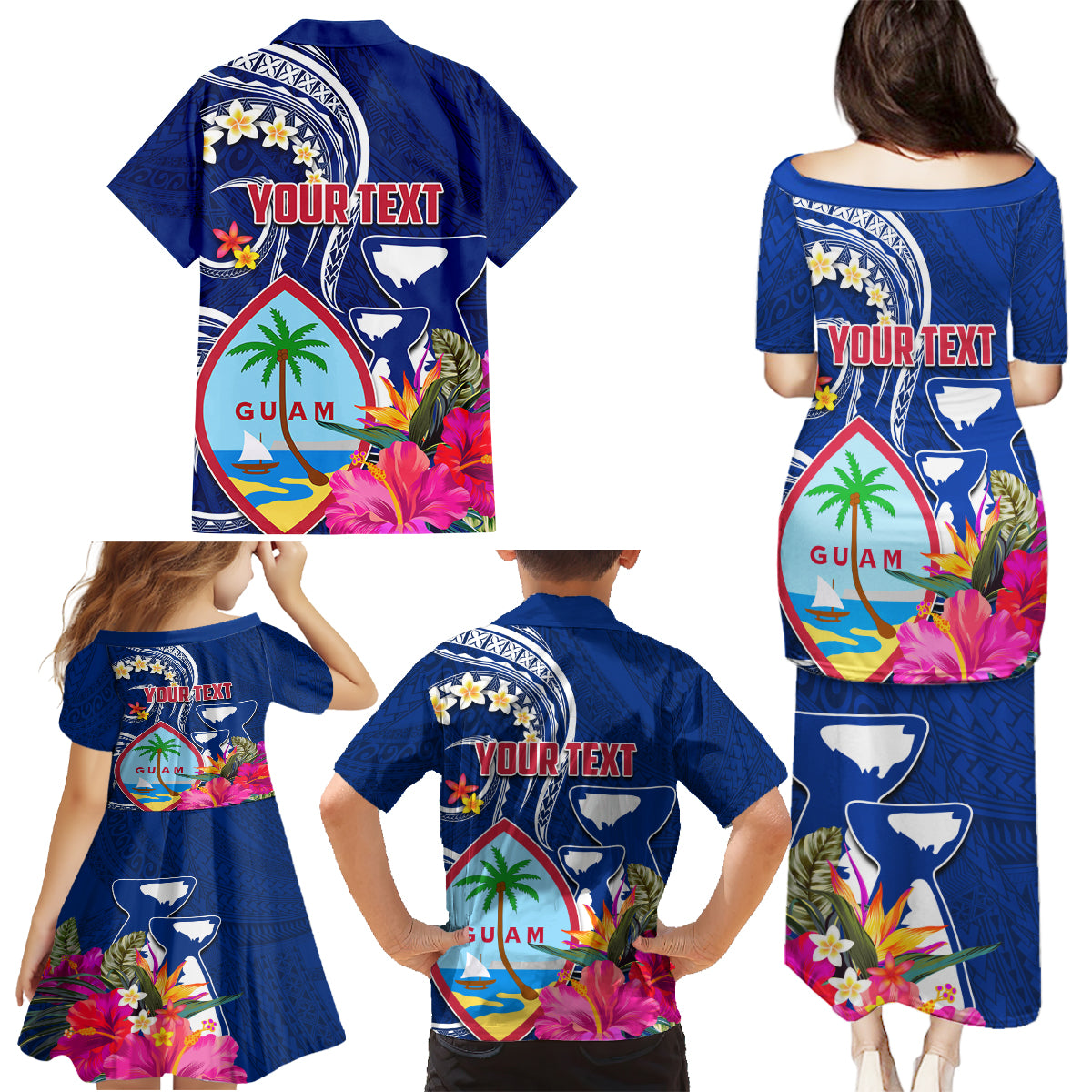 Guam Liberation Family Matching Puletasi and Hawaiian Shirt Latte Stone and Guahan Seal Jungle Flower