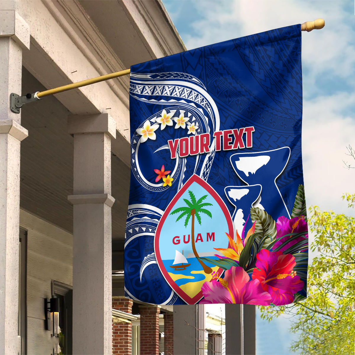 Personalised Guam Liberation Garden Flag Latte Stone and Guahan Seal Jungle Flower