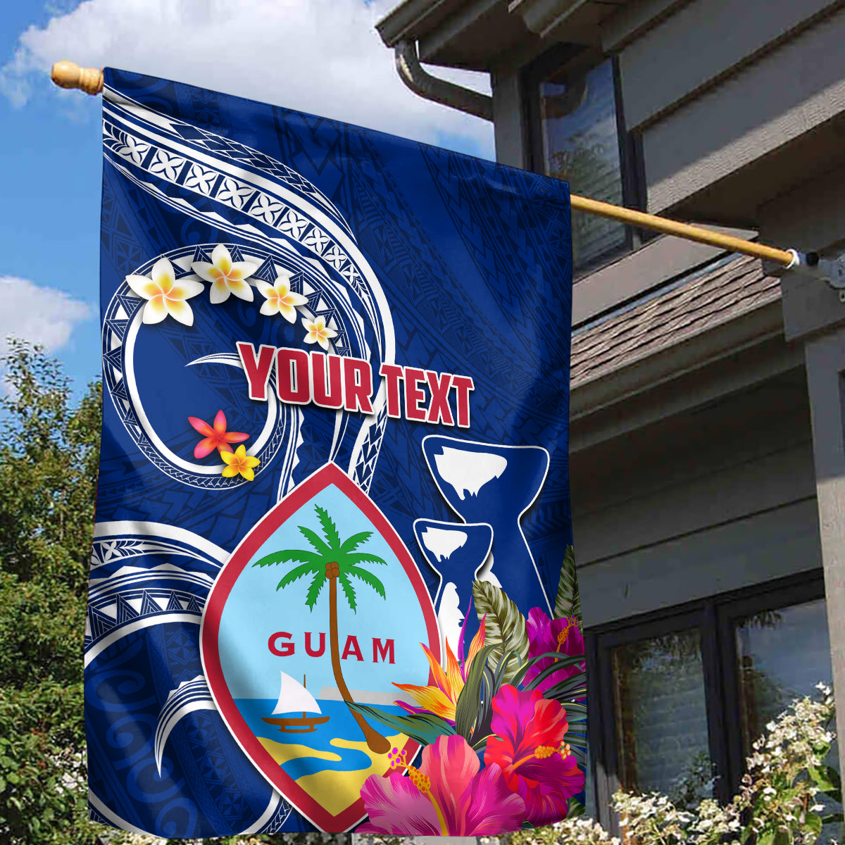 Personalised Guam Liberation Garden Flag Latte Stone and Guahan Seal Jungle Flower