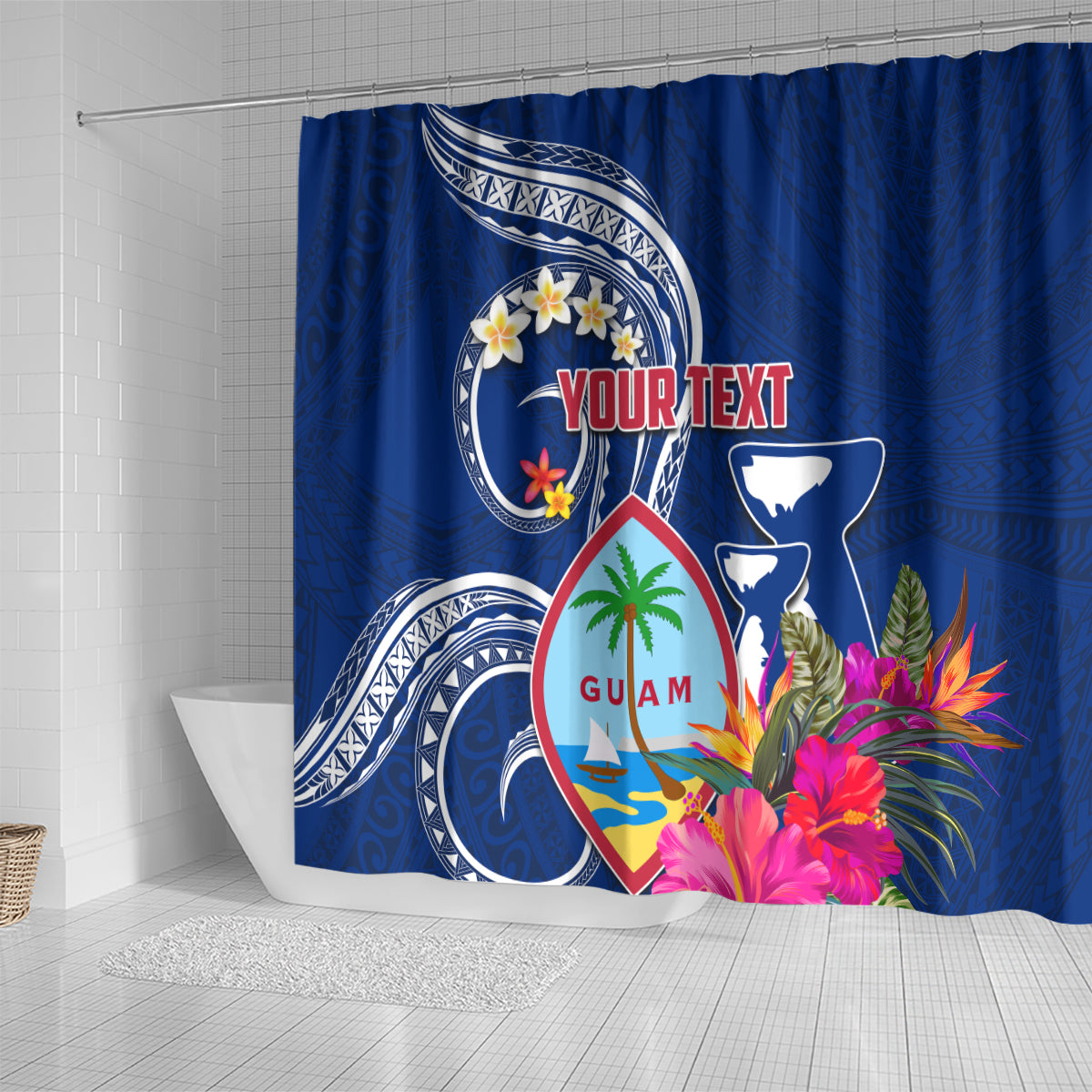 Personalised Guam Liberation Shower Curtain Latte Stone and Guahan Seal Jungle Flower