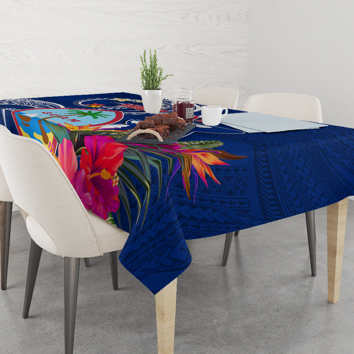 Personalised Guam Liberation Tablecloth Latte Stone and Guahan Seal Jungle Flower