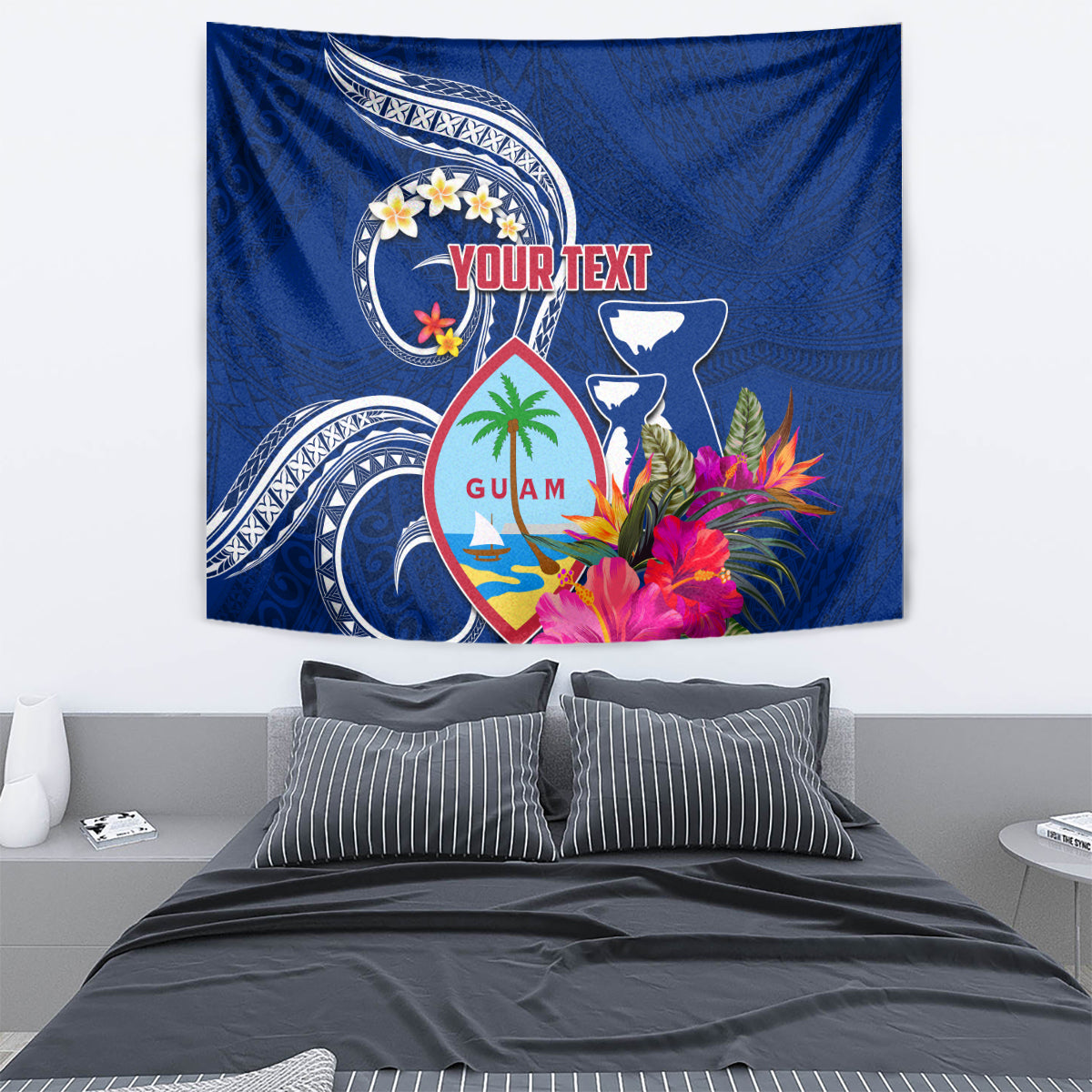 Personalised Guam Liberation Tapestry Latte Stone and Guahan Seal Jungle Flower