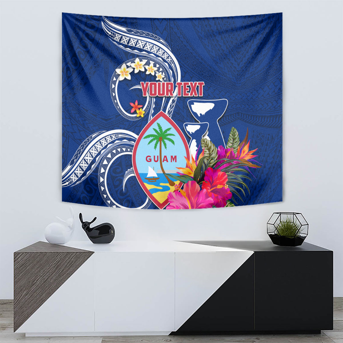 Personalised Guam Liberation Tapestry Latte Stone and Guahan Seal Jungle Flower