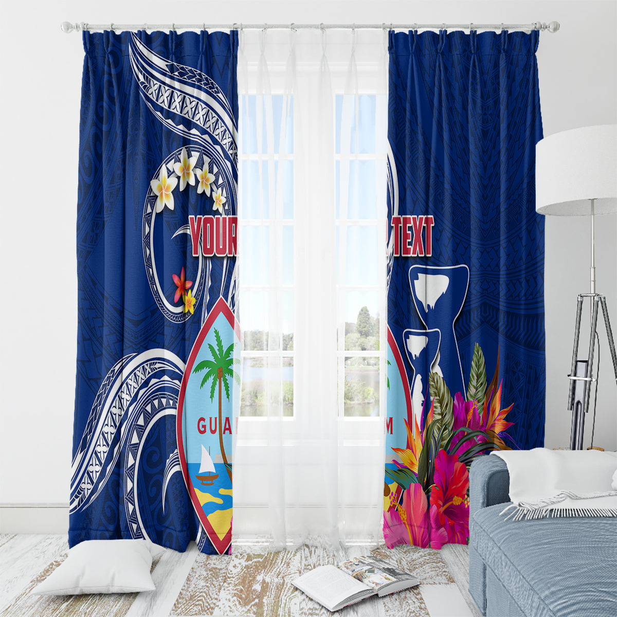 Personalised Guam Liberation Window Curtain Latte Stone and Guahan Seal Jungle Flower