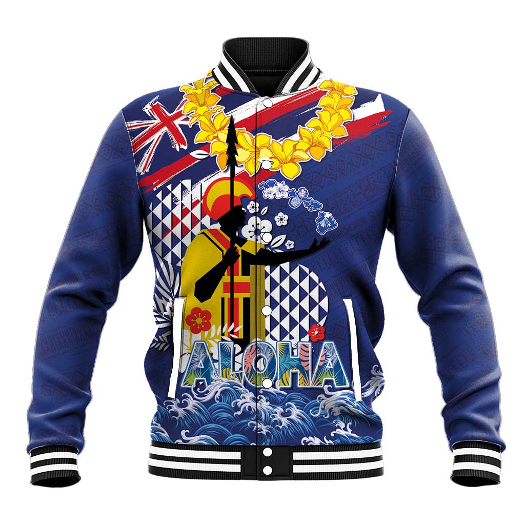 Hawaii King Kamehameha Day Baseball Jacket Lei Sea Waves Polynesian Tapa Pattern