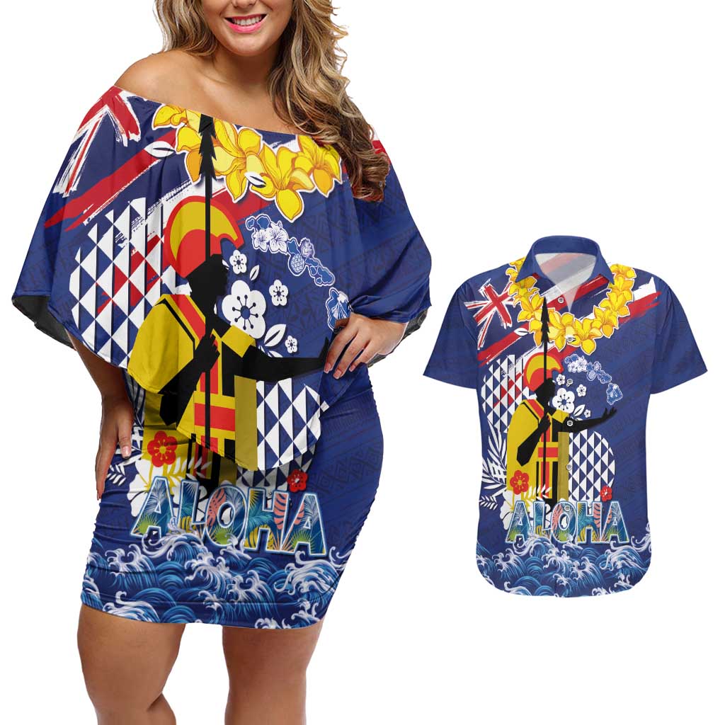 Hawaii King Kamehameha Day Couples Matching Off Shoulder Short Dress and Hawaiian Shirt Lei Sea Waves Polynesian Tapa Pattern