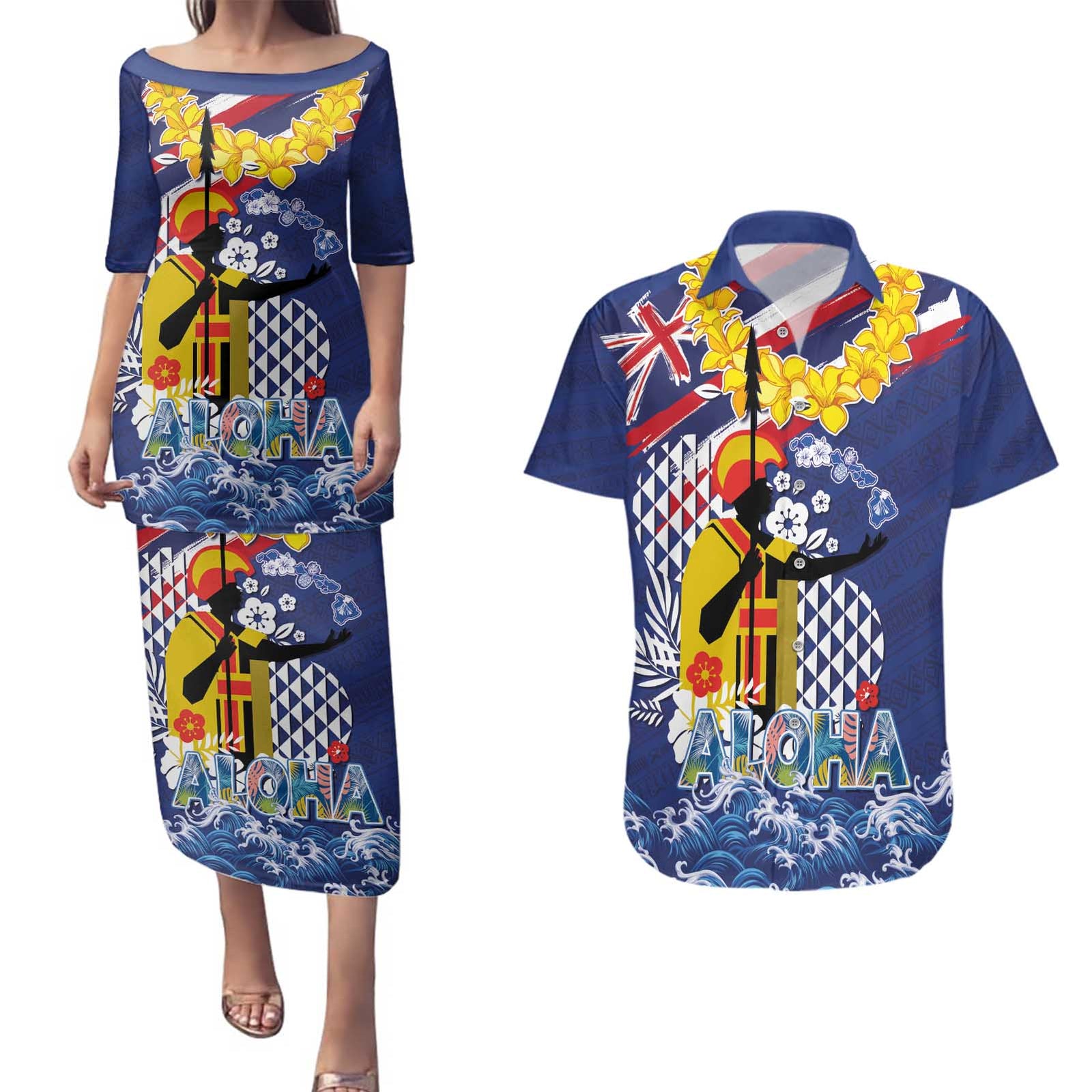 Hawaii King Kamehameha Day Couples Matching Puletasi and Hawaiian Shirt Lei Sea Waves Polynesian Tapa Pattern