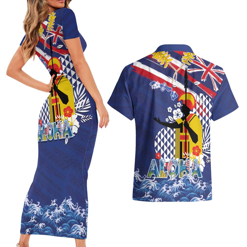 Hawaii King Kamehameha Day Couples Matching Short Sleeve Bodycon Dress and Hawaiian Shirt Lei Sea Waves Polynesian Tapa Pattern