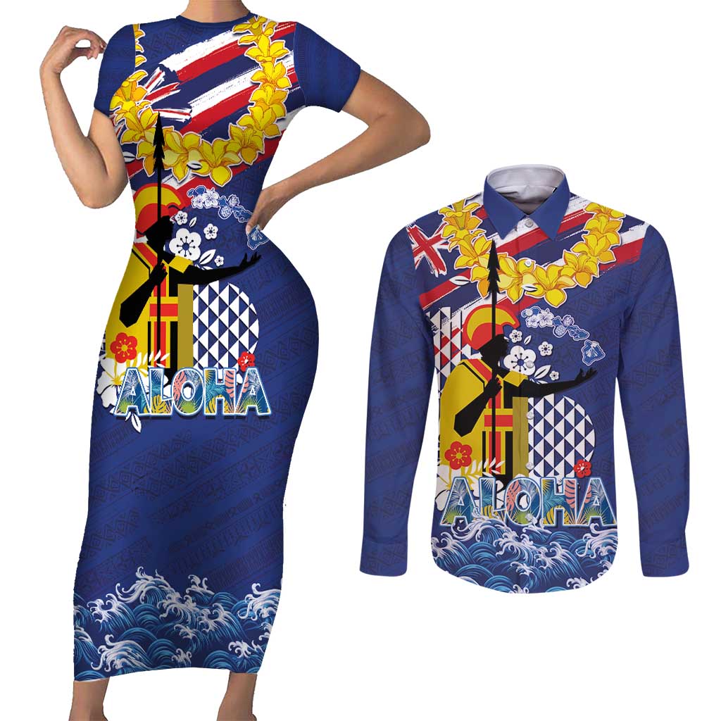 Hawaii King Kamehameha Day Couples Matching Short Sleeve Bodycon Dress and Long Sleeve Button Shirt Lei Sea Waves Polynesian Tapa Pattern