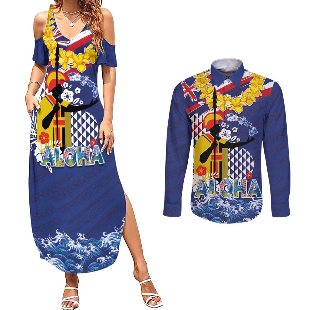 Hawaii King Kamehameha Day Couples Matching Summer Maxi Dress and Long Sleeve Button Shirt Lei Sea Waves Polynesian Tapa Pattern