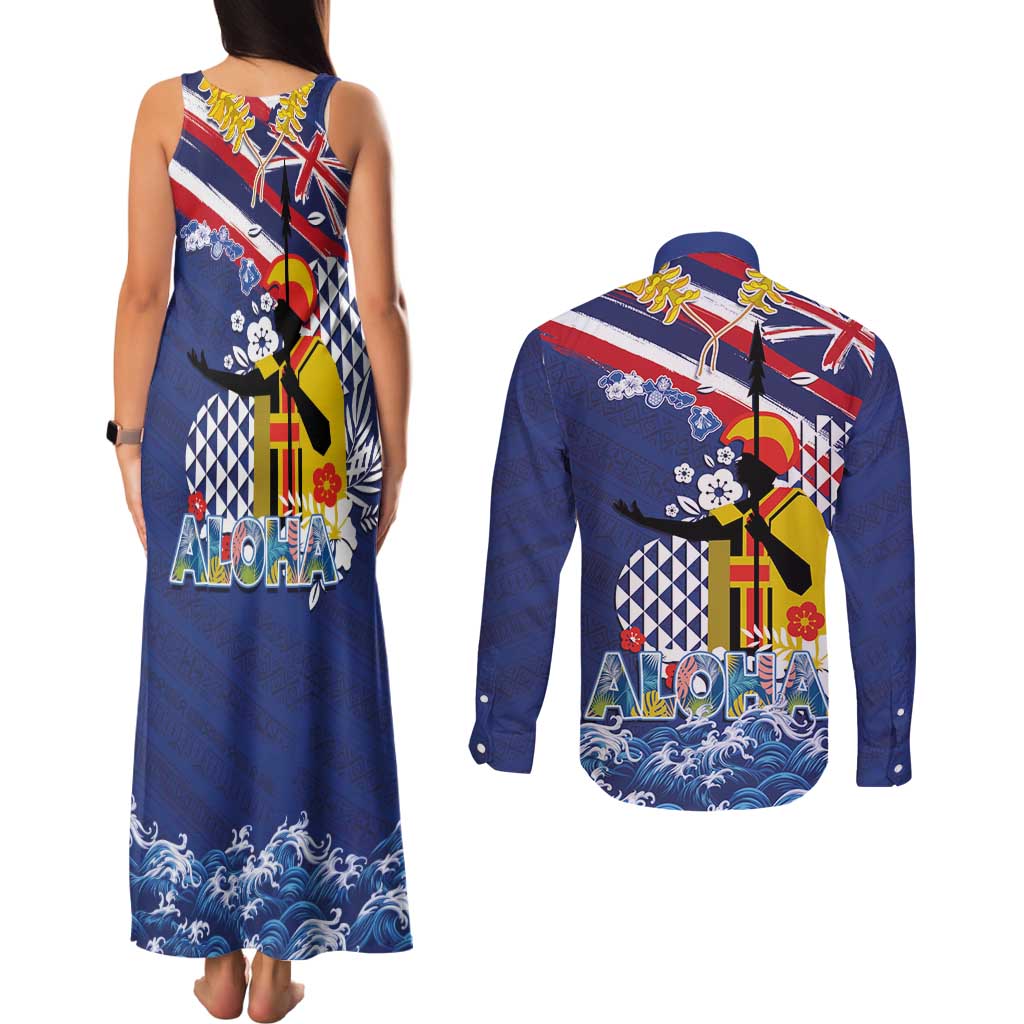 Hawaii King Kamehameha Day Couples Matching Tank Maxi Dress and Long Sleeve Button Shirt Lei Sea Waves Polynesian Tapa Pattern