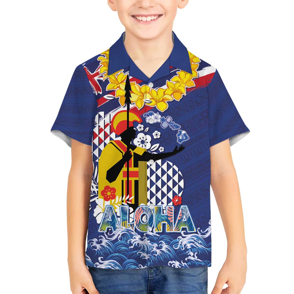 Hawaii King Kamehameha Day Family Matching Off The Shoulder Long Sleeve Dress and Hawaiian Shirt Lei Sea Waves Polynesian Tapa Pattern